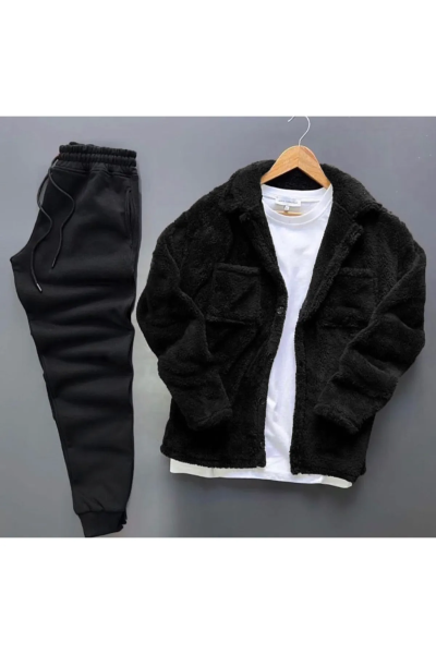 Cep Detaylı Pelüş Gömlek Ve Eşofman Alt Üst Kombini 